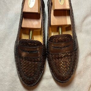 Brown Woven Leather Slip-On Loafers